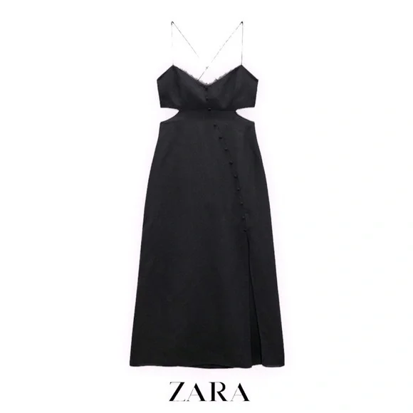 zara black cut out dress Zara Black Sleeveless V Neck Plunging Cut Out Waist A Line Maxi Dress – Brie